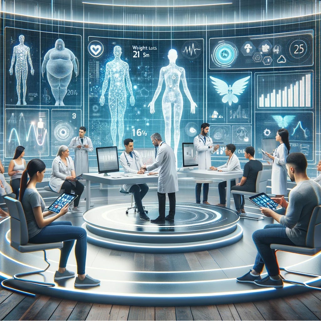A digital health themed image depicting a modern medical research setting. The scene includes a digital weight loss clinic with advanced technology interfaces and monitors displaying weight loss statistics. A diverse group of healthcare professionals, including doctors and health coaches, are interacting with patients who are using digital tablets. The clinic is sleek and futuristic, reflecting a high-tech approach to weight loss management. Emphasize a sense of innovation and personal care in the clinic's design.