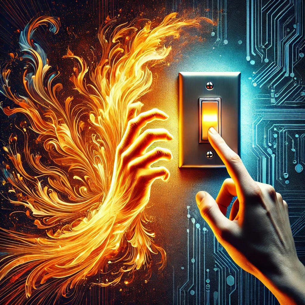 A visually striking image showing a flame on one side, glowing vibrantly and symbolizing life, energy, and continuity, contrasted with a hand reaching for a light switch on the other side, representing the mechanical, start-and-stop nature of machines. The flame side is warm with natural tones of orange and yellow, while the light switch side is cool with metallic and artificial hues. The composition should emphasize the contrast between the dynamic organic energy and the mechanical on-off nature.