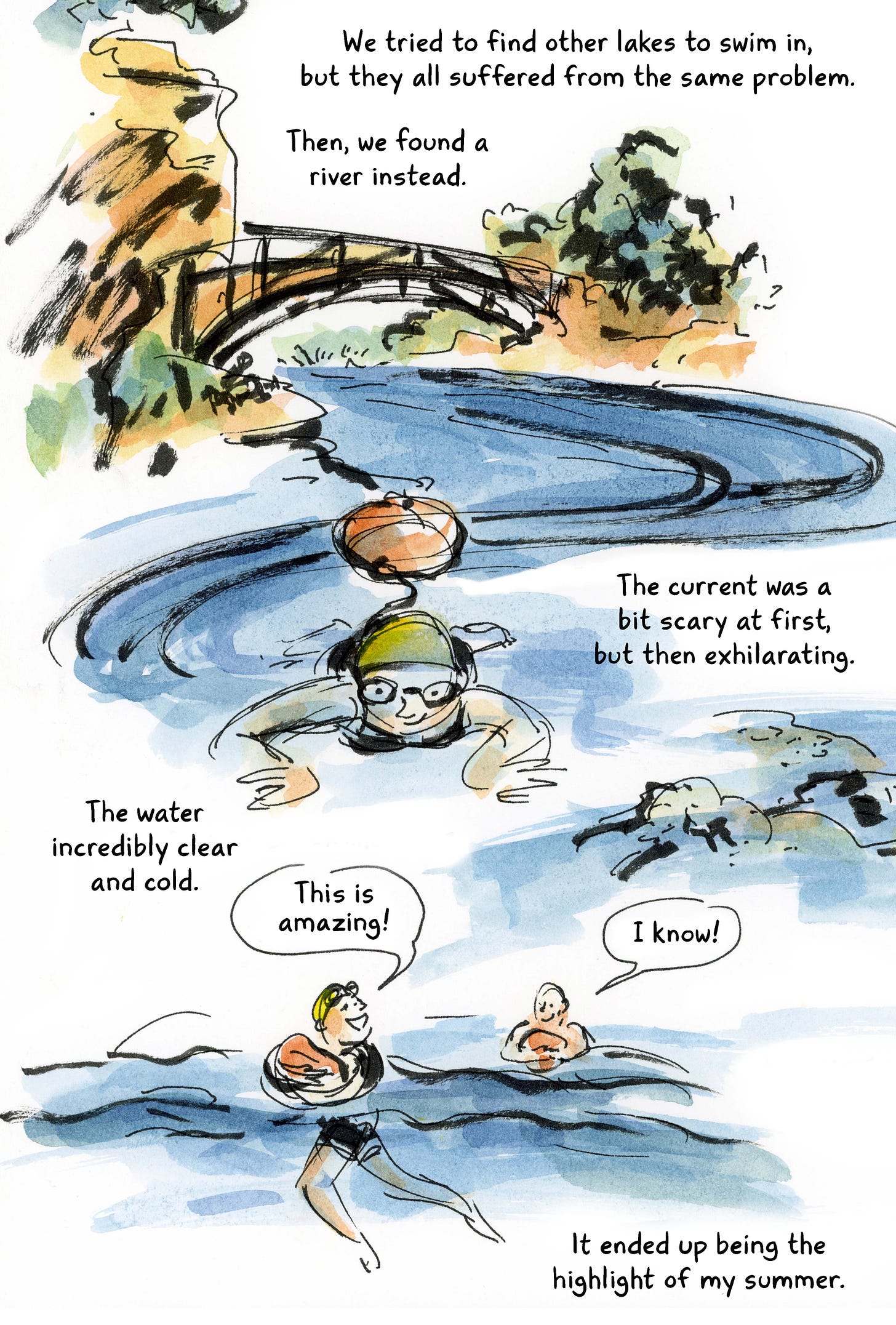 Watercolor and ink comic by K. Woodman-Maynard on overcoming creative barriers and wild swimming. It shows K. finding a river to swim in instead and having one of her best experiences of the summer as a result.