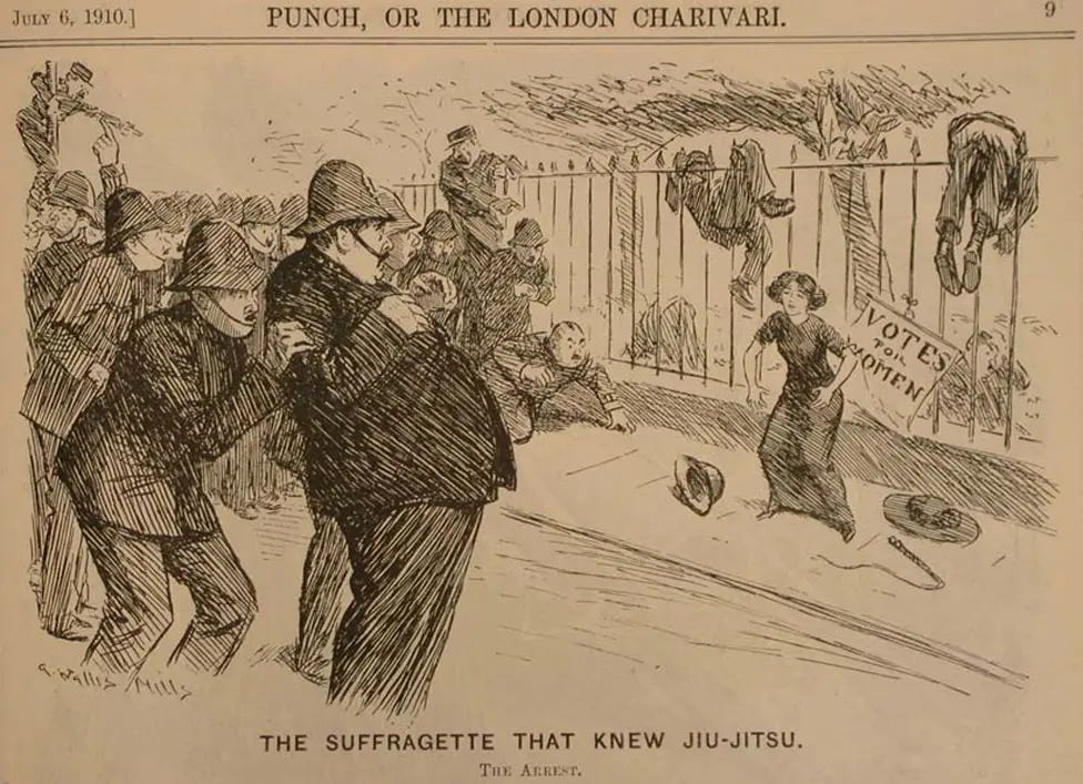 A cartoon from Punch, showing a crowd of policemen cowering before a small woman in a jiu-jitsu stance, captioned: 'The suffragette that new jiu-jitsu'.