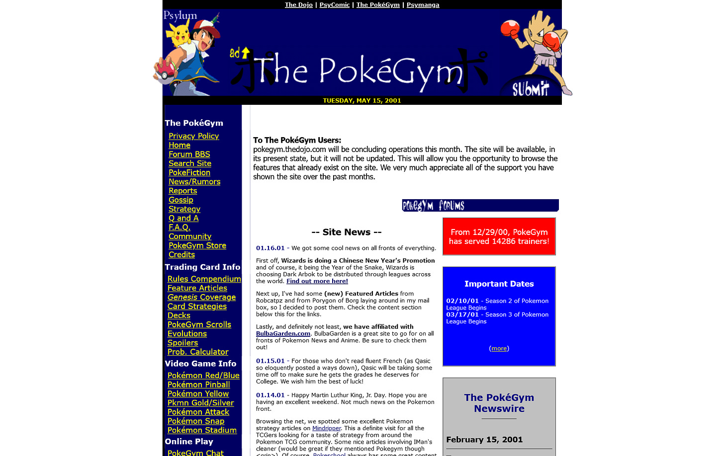 The PokéGym website in May 2001