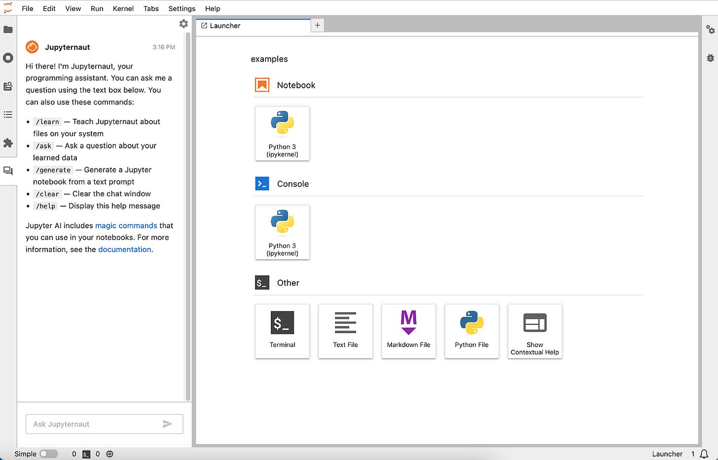 A screenshot of JupyterLab showing Jupyter AI in the left panel, with a help message shown to the user.