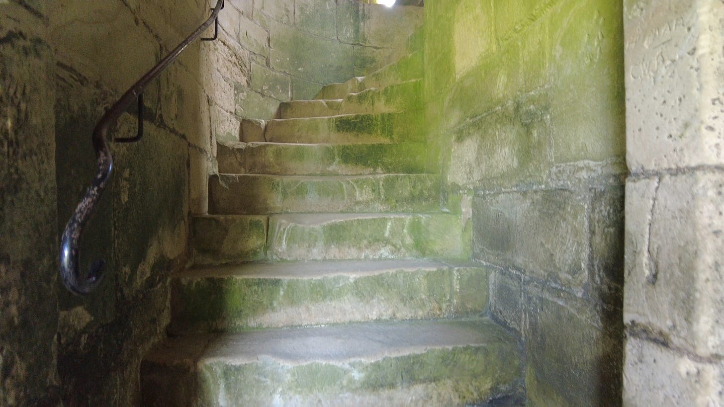A spiral stone staircase at Old Wardour Castle, Tisbury, Wiltshire. 