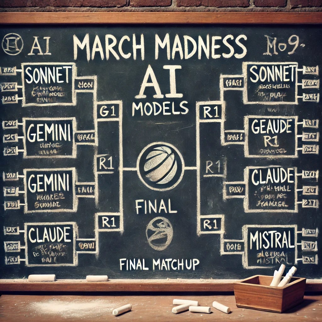 A March Madness-style bracket drawn on a chalkboard, featuring AI model names instead of basketball teams. The bracket is hand-drawn in white chalk with realistic smudges and eraser marks. AI models like Sonnet, Gemini, R1, Claude, and Mistral are included as competitors. The final matchup is highlighted with a circle. The scene has a vintage classroom feel, with a chalk-dusted surface and a wooden chalk tray at the bottom.