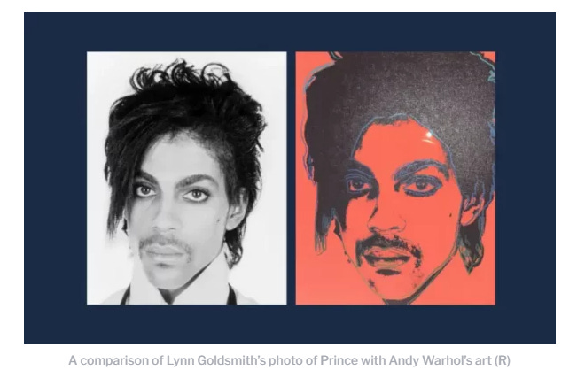 Two different images of Prince, the singer. The left is a photo in black and white of the artist, while the right is Andy Warhol’s painting that looks incredibly similar to him but with a red background.
