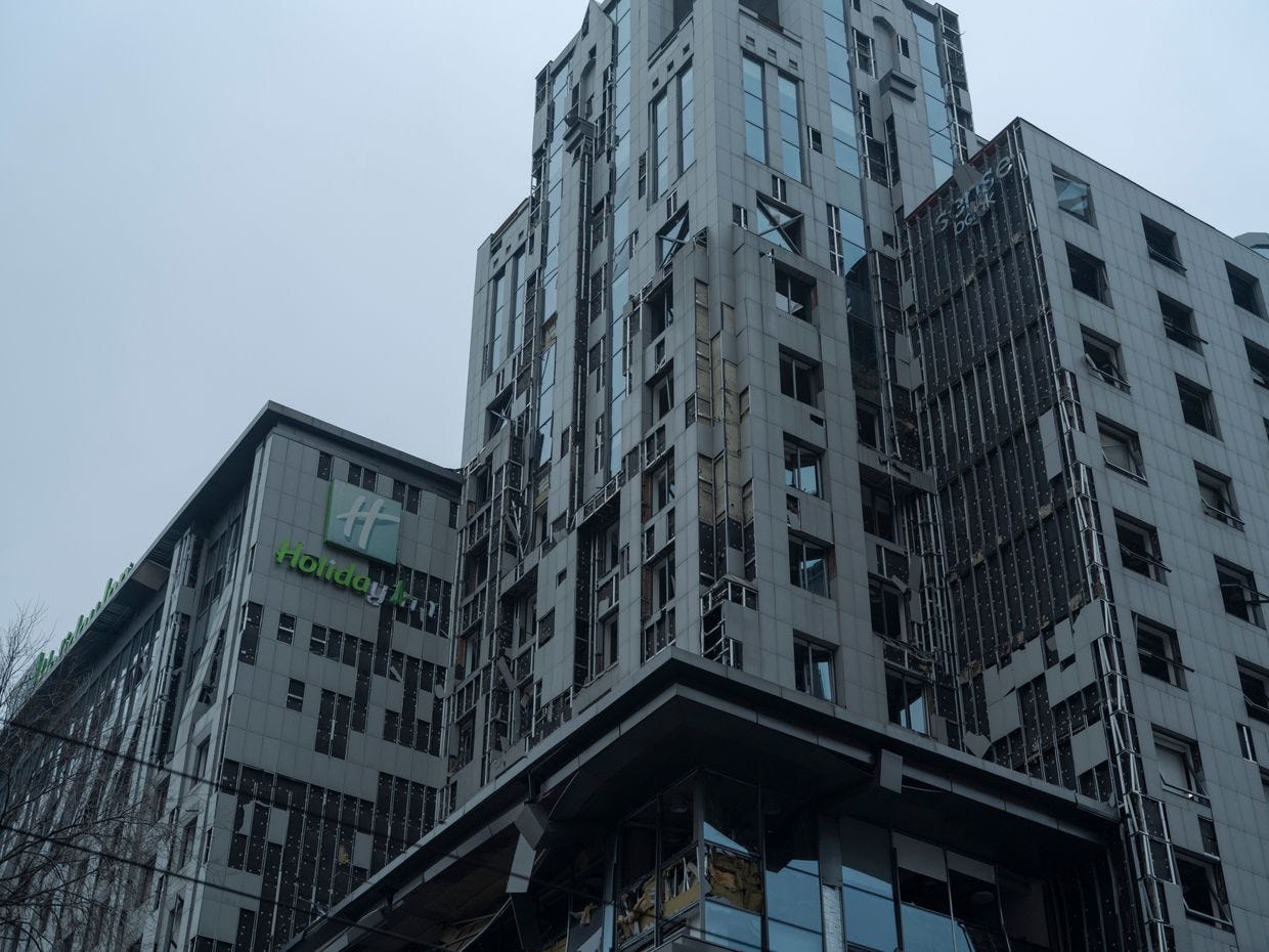 Shattered windows in Holiday Inn hotel after a Russian missile attack in Kyiv, Ukraine, on Dec. 20, 2024, amid the Russian invasion of Ukraine