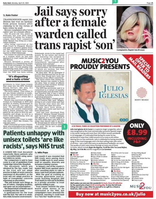 Jail says sorry after a female warden called trans rapist ‘son’ Daily Mail22 Apr 2024By Kate Foster Complaints: Rapist Isla Bryson TRANSGENDER rapist Isla Bryson has won an apology from prison bosses after claiming to be the victim of hate crime by staff. Bryson complained after being called ‘son’ by a female officer. The 32-year- old was jailed in February last year after being convicted of raping two women, crimes which were committed while Bryson was living as a man, Adam Graham. After being convicted at the High Court in Glasgow, Bryson was sent to women’s prison Cornton Vale, causing a political storm for the SNP, before later being moved to HMP Edinburgh. The former DJ started to identify as a woman while on bail and appeared in court under the name Isla Bryson. Bryson detailed a series of complaints in a handwritten letter to Scottish newspaper the Sunday Mail. It said: ‘I’m just dealing with transphobia from staff. I was told from a staff member in Edinburgh that the SNP has been telling governors to treat trans women that come into the SPS (Scottish Prison Service) like men. It’s disgusting and a hate crime.’ The letter added: ‘They refuse to put any female toiletries or makeup out. I am on blockers just now. I have boobs. I don’t sound like a man any more.’ Bryson was convicted of raping a woman in Clydebank in 2016 and another in nearby Drumchapel in 2019, but insisted: ‘I’m only into men.’ The sex offender admitted having a five-month relationship with a fellow prisoner who was jailed for six years in 2019 for paedophilia and drugs, as well as a three-week relationship with an inmate called Colin. The letter added: ‘I want to make this clear, I don’t like women, I’m only into men.’ HMP Glenochil governor Natalie Beal, who investigated the incident after it was referred to her by HMP Edinburgh, wrote to the rapist last month. In the letter, she stated that following the incident in which a member of staff called Bryson ‘ son’, the officer immediately ‘ apologised after realising their mistake’. Bryson also complained about a second incident, the circumstances of which are unclear, but they involved a metal detector. Ms Beal said: ‘We do apologise if you felt disrespected but we do not believe that would have been the intention of the officer concerned.’ The letter states that during the probe, Bryson was unable to state the date, time or name of officers involved in either incident. Neither involved any witnesses. The SPS has previously said it is committed to a culture of equality of opportunity and diversity and it was reported that it has a variety of clothing, including unisex, to fit individual prisoners. Rhona Hotchkiss, a former governor of Cornton Vale, said: ‘Misgendering is not a hate crime and that has become clear since the silly hate crime law came into force. ‘ People have been doing it left, right and centre and have not been prosecuted. ‘Also last year [Scotland First Minister] Humza Yousaf himself said “he is at it” of Adam Graham/ Isla Bryson, so I would suggest if the SPS think that’s any kind of a crime they should take it up with Mr Yousaf and see what he thinks.’ A Scottish Prison Service spokesman said: ‘ We do not comment on individuals.’ ‘It’s disgusting and a hate crime’ Article Name:Jail says sorry after a female warden called trans rapist ‘son’ Publication:Daily Mail Author:By Kate Foster Start Page:25 End Page:25