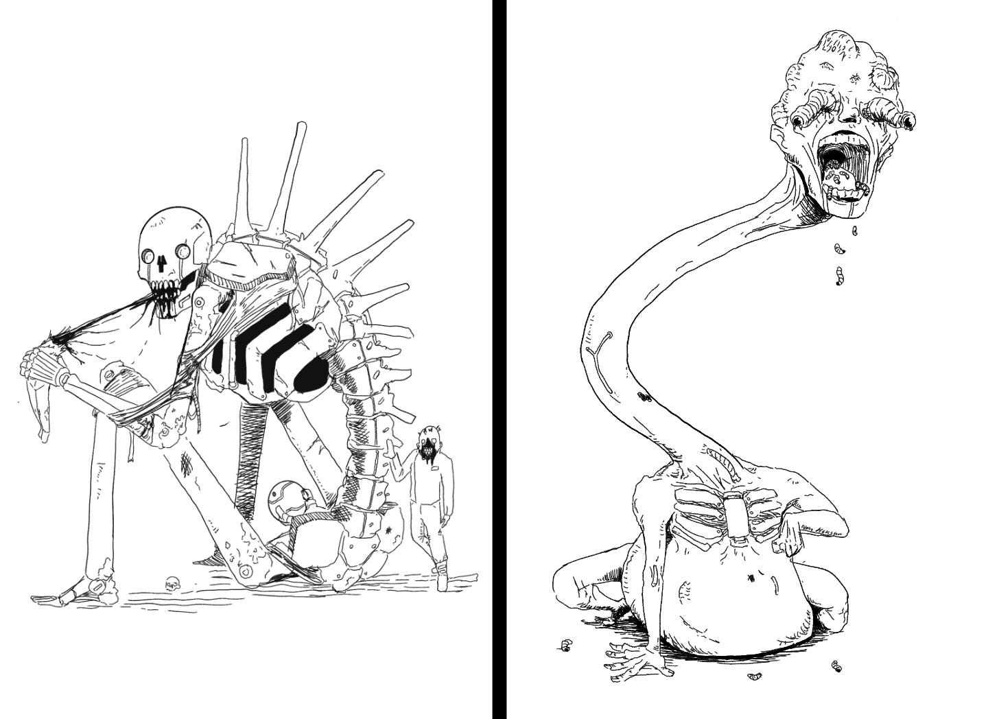 Two illustrations. A giant robo-skeleton eating a dude. A creepy genderless and nude humanoid with a long neck.