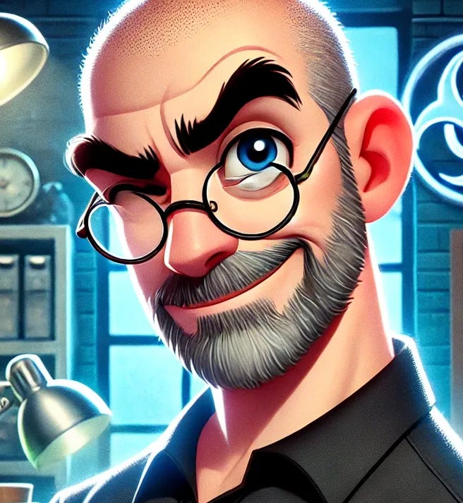 A cartoon-style illustration of a middle-aged man with a bald head, glasses, and a salt-and-pepper beard, wearing a black polo shirt, styled as a charming but slightly mischievous evil genius. Add a subtle smirk, raised eyebrow, and a hint of dramatic lighting. The background features gadgets, bookshelves, and a lab with glowing vials and blueprints. The style should still be vibrant and playful but with a touch of eccentric genius flair.