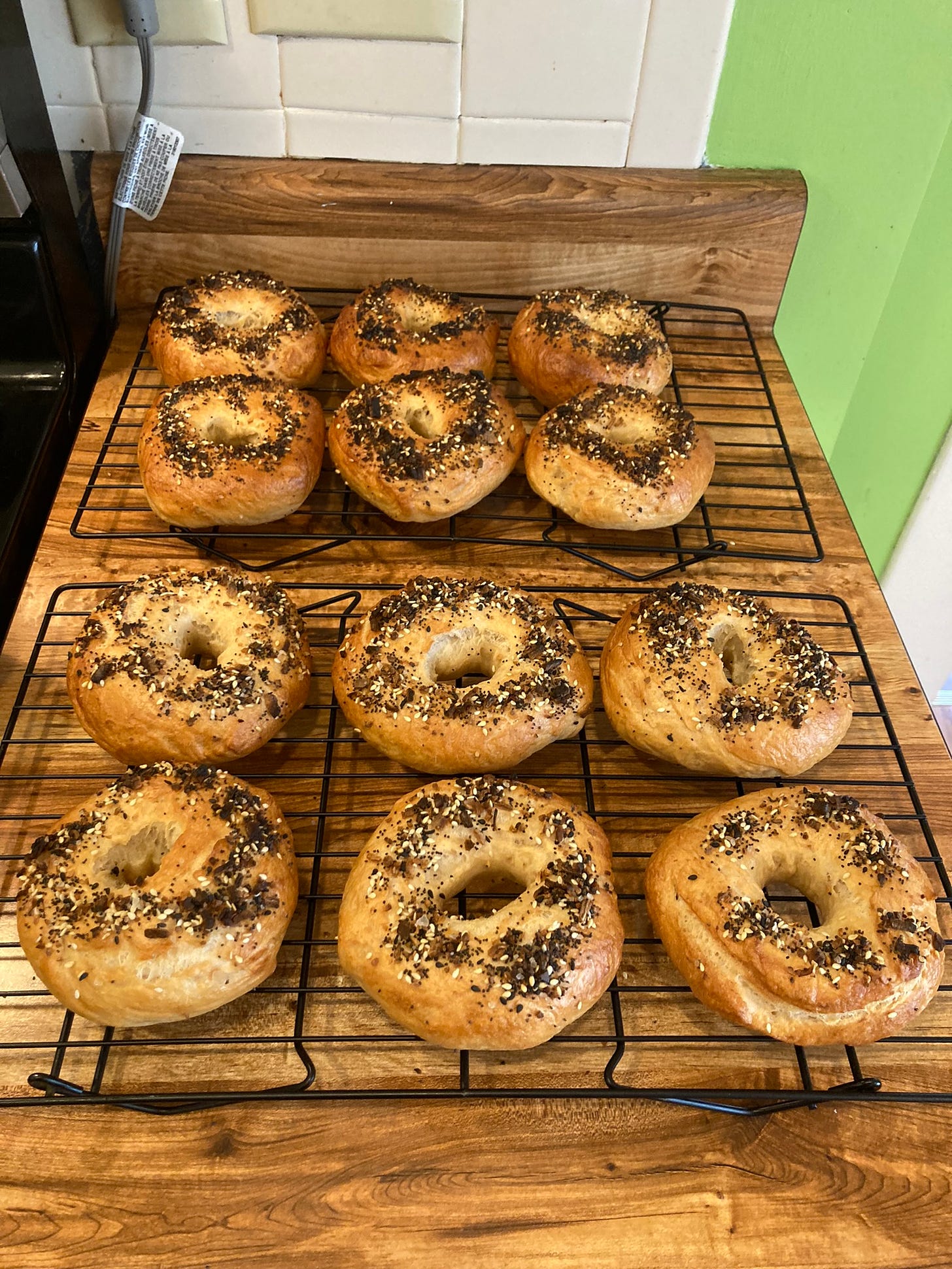 A rack of a dozen very beautiful everything bagels