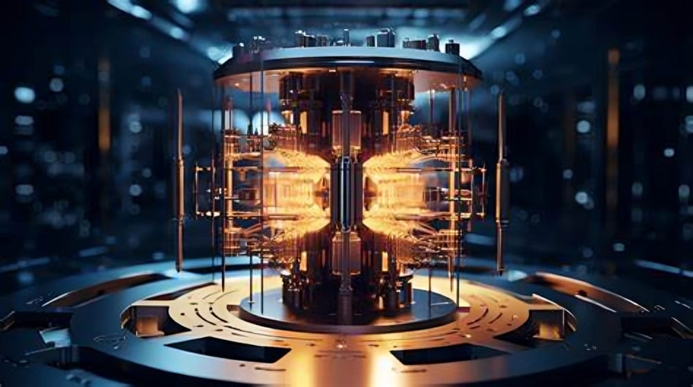 Futuristic visualization of quantum computing hardware with glowing components, symbolizing advancements in quantum technology and computational power.