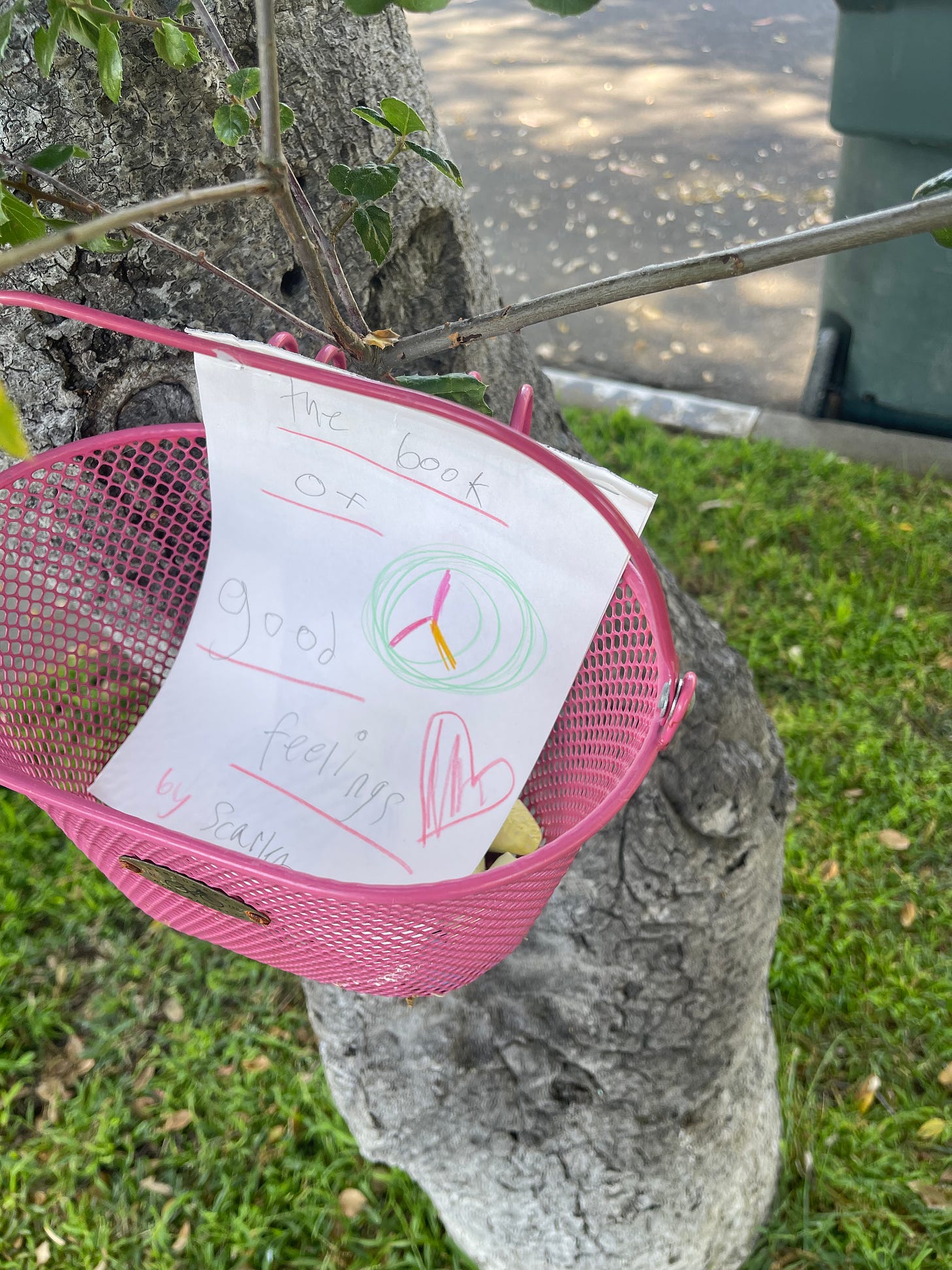 Pink basket hanging on a tree with a small handwritten book inside