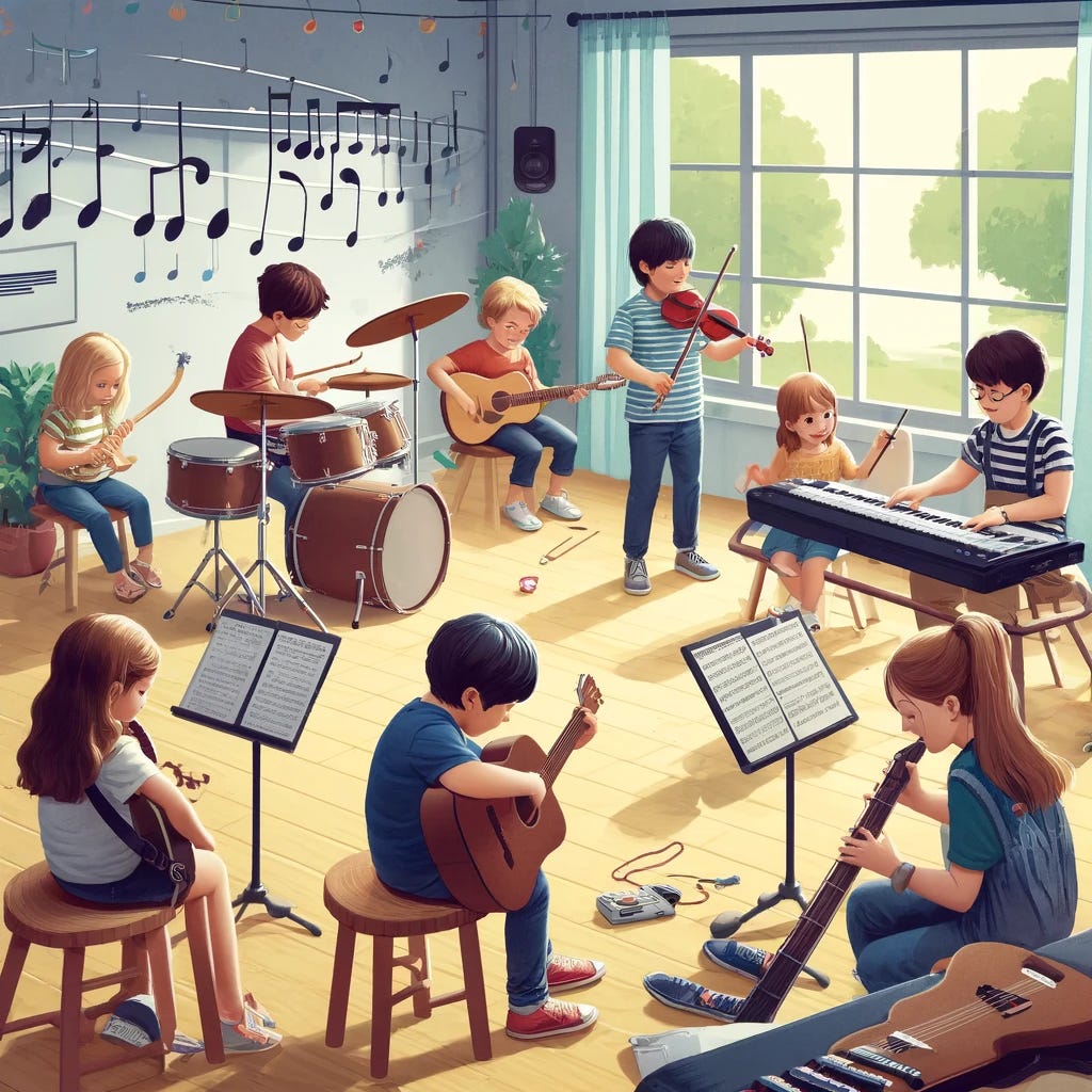 A lively and informal music class scene where a group of children play different musical instruments in a relaxed atmosphere. The room is spacious and casually arranged, with children of various ages scattered around, each engaged with their instrument. One child strums a guitar, another plays a keyboard, while others handle a violin, drums, and a flute. The setting is cheerful, with music notes decorations on the walls and a few music stands with sheets of music. The atmosphere is fun and encouraging, with a sense of freedom and creativity as the children enjoy making music together. This image captures the joy of learning music in a supportive and informal environment, fostering a love for musical expression among the young musicians.