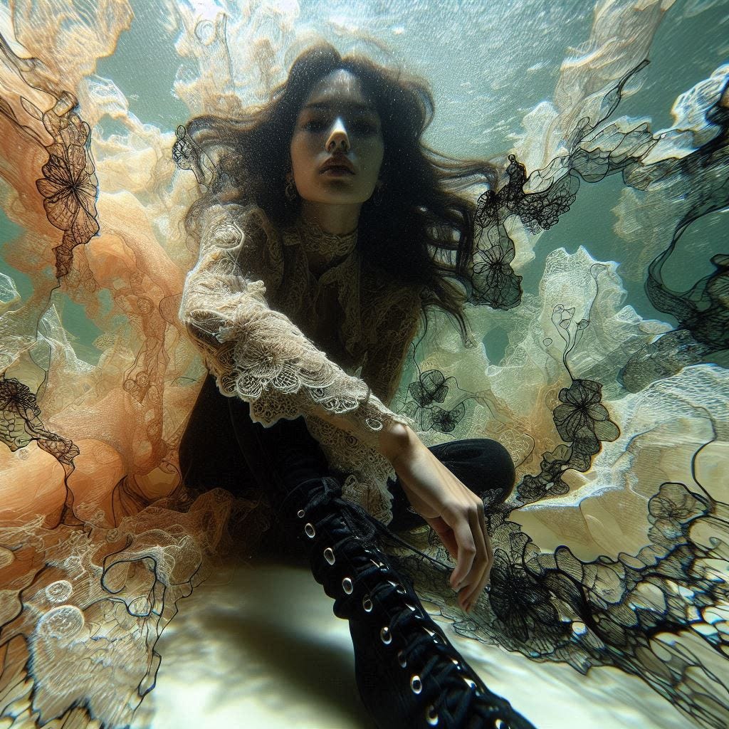 inside clear water ; tiltshift/ 5d angle glass embedded Carla caves / Broken into fragments/ pieces/Dark Haired, middle agead Asian in black boots leaning into the camera in front of Carla caves / in olive,ivory, chartrues, lace made of black water in resin/He is full of love. coral orange, pink, cream, olive address/ reverberating waves. black hole/ water in resin verdigris/ In the style of Michael Parkes. black etching/ black linework/ black sky