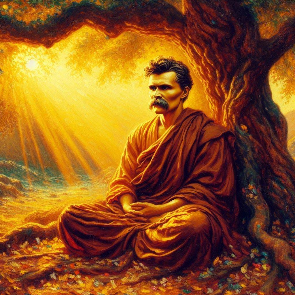 Friedrich Nietsche sitting under a tree in the pose of the Buddha. Golden glow. Beautiful. Painting.
