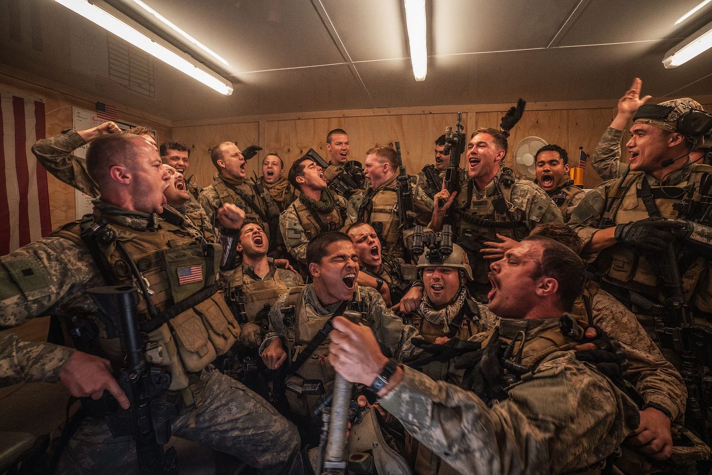 The platoon sings along to the “Call on Me” music video before heading into battle in Warfare The platoon sings along to the “Call on Me” music video before heading into battle in Warfare