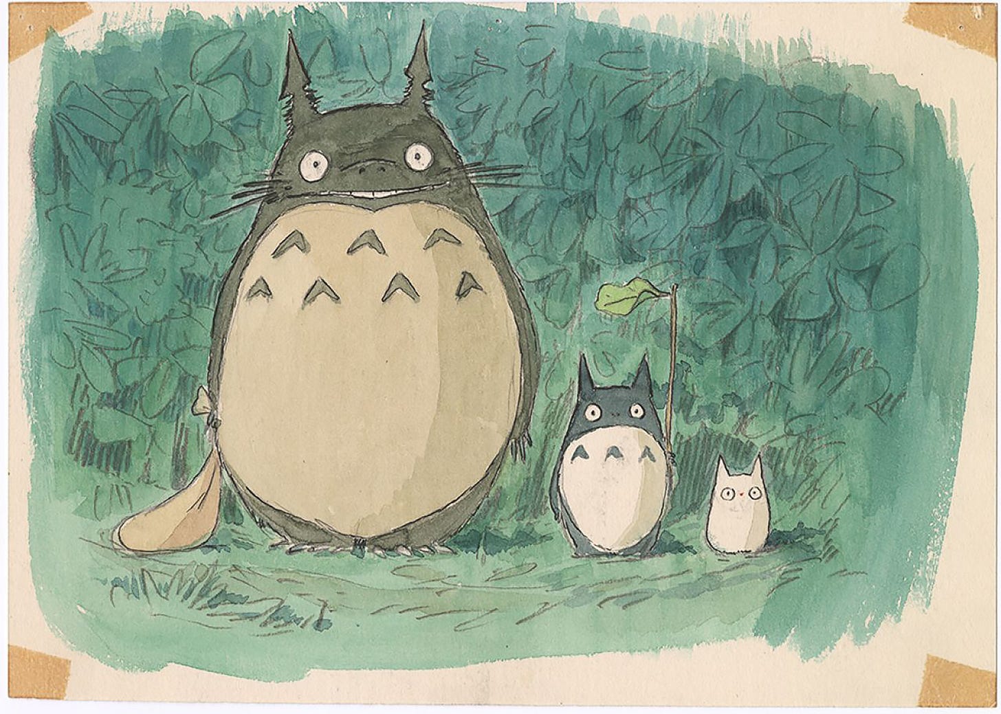 A watercolor illustration of three fluffy creatures with big eyes and of various sizes standing against a lush green background.