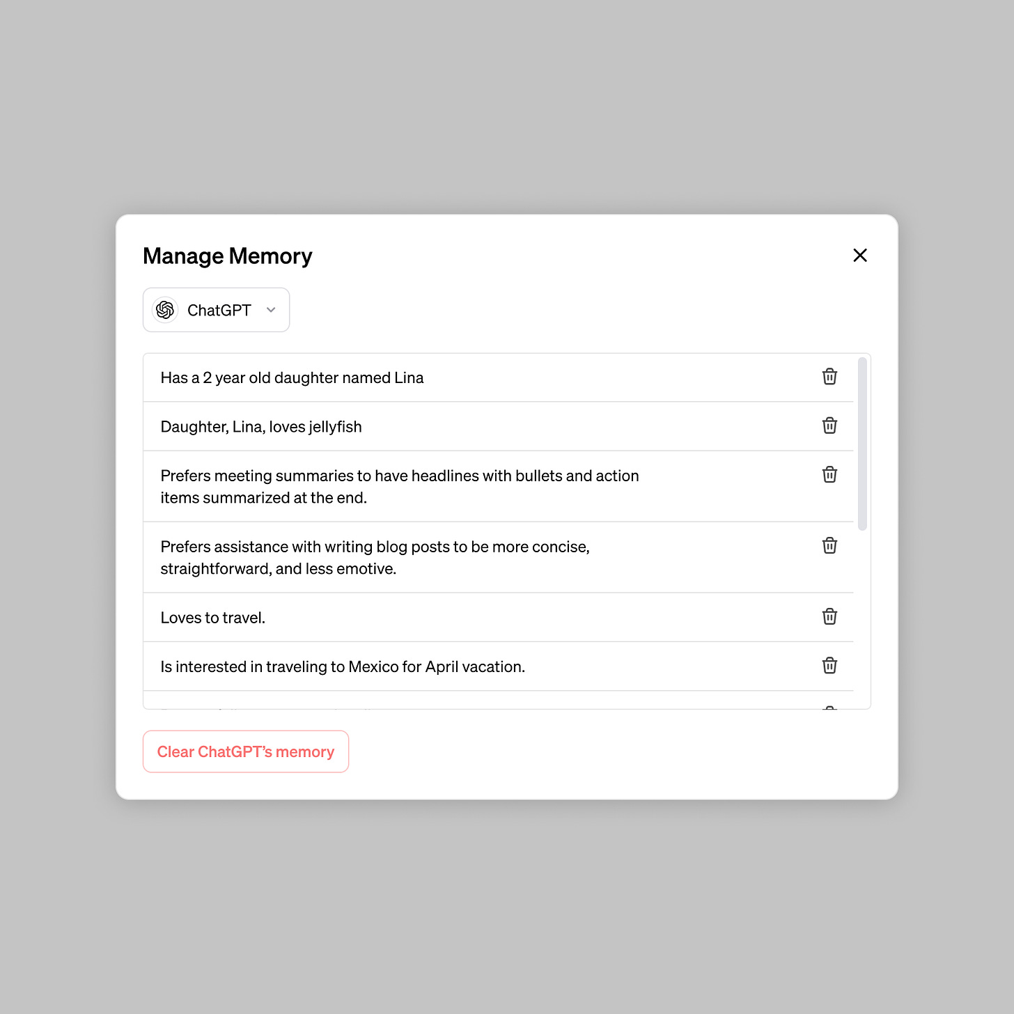 The "Manage Memory" settings dialog