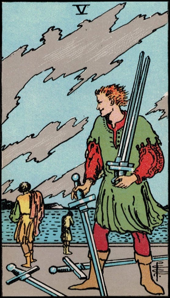 Five of Swords tarot card. A man is holding three swords, there's two swords at his feet. He's looking over his shoulder at two people walking toward the sea.