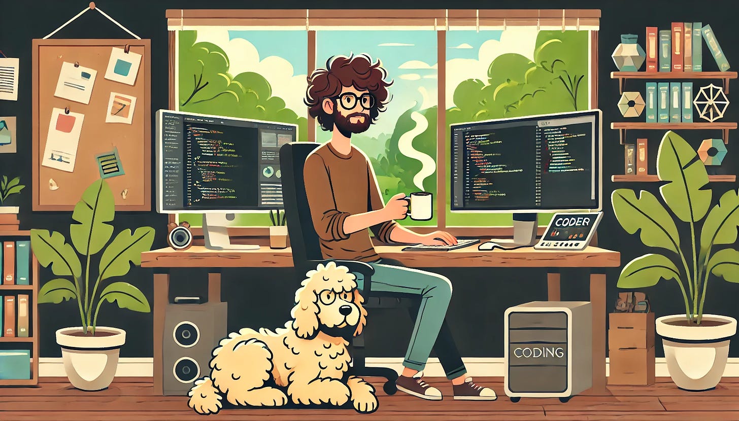 A coder with curly hair and glasses sits at his desk with multiple monitors, holding a steaming cup of coffee, while a golden doodle dog sleeps contentedly at his feet and a lush forest is visible through the window behind him.