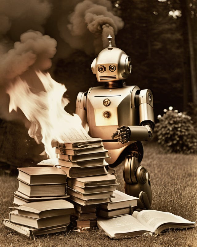 Vintage-style sepia toned photograph of a humanoid robot burning a pile of books.