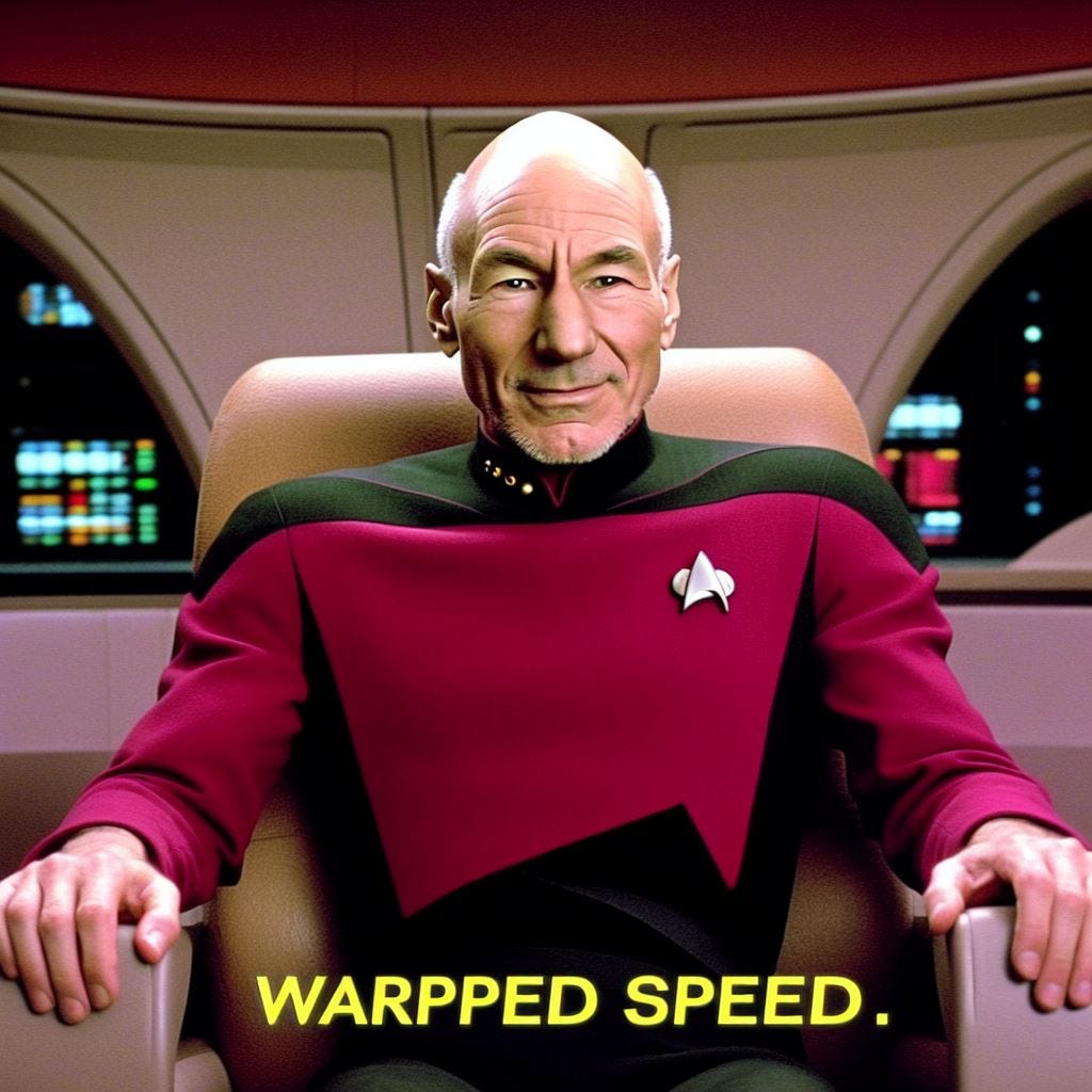 Captain Picard, sitting in his captain's chair, looking ever-so-slightly-uncanny-valley-ish.  The caption reads, "WARPPED SPEED." in yellow Star Trek font.