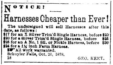 Notice of a sale at the harness store. Regular prices for a harness ran from $20 to $30.