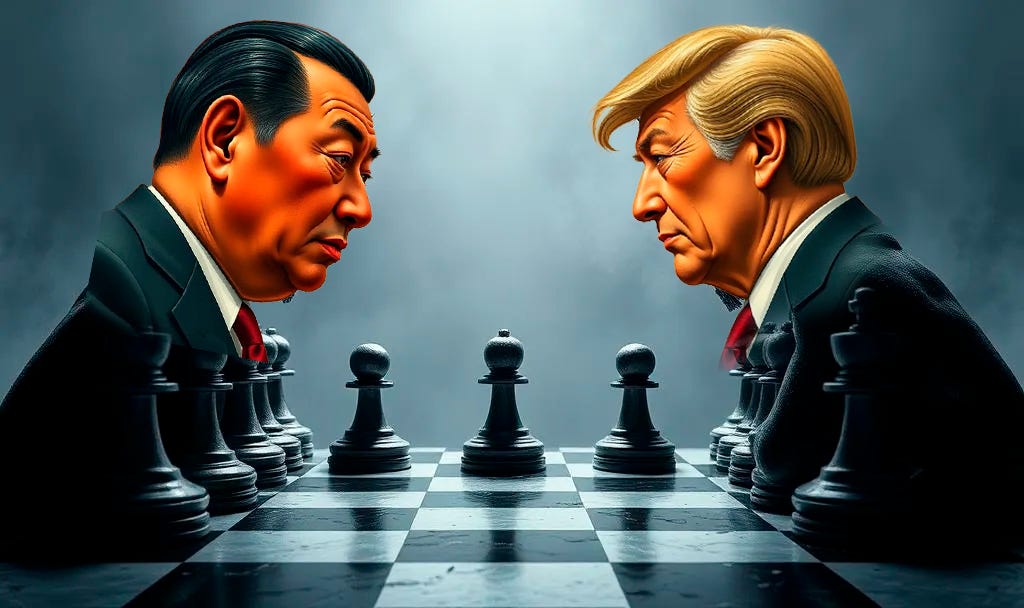 AI Generated Art - Chessboard stalemate in b&W with Chinese President Xi to the left and US President Trump to the right