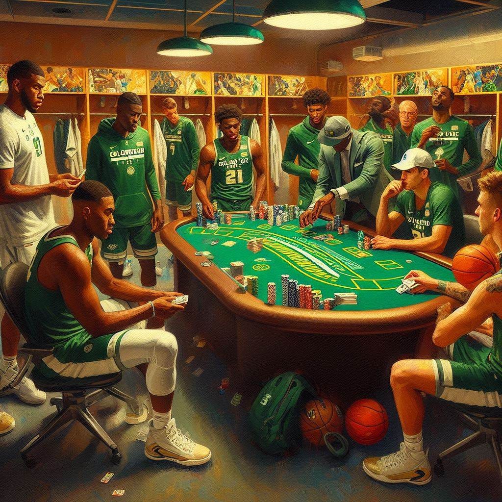 The Colorado State basketball team playing blackjack in the locker room, impressionism