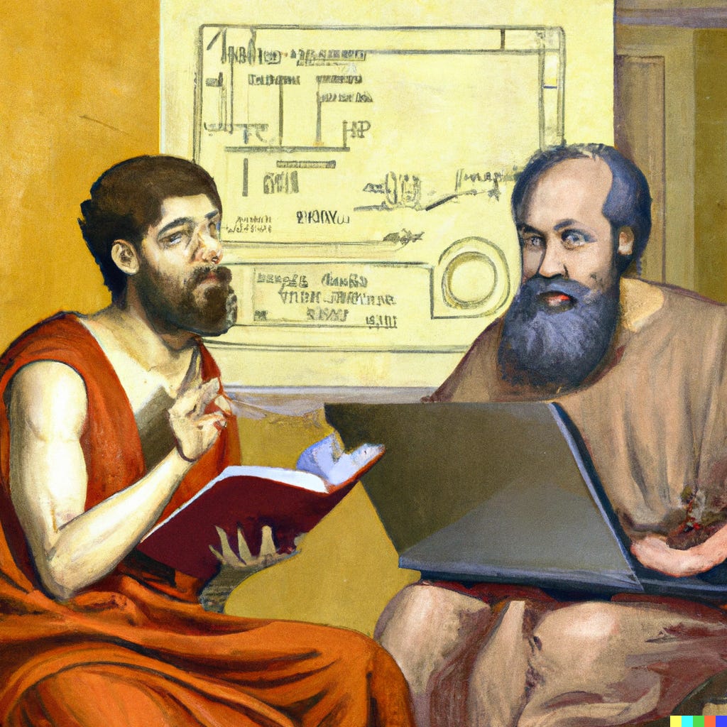 DALL·E A Greco-Roman style painting of Plato teaching Plato about computer science