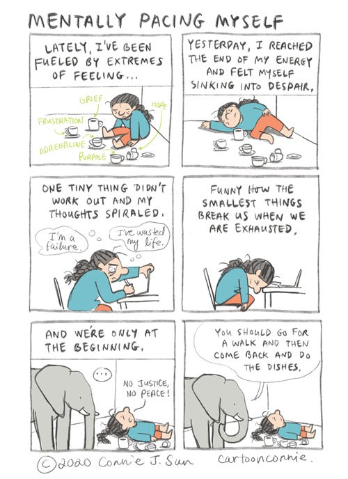 Mentally Pacing Myself, Comic Strip sketchbook cartoon about dealing with extreme emotions, emotional exhaustion, knowing your limits, and self-care, diary comic, connie sun, cartoonconnie