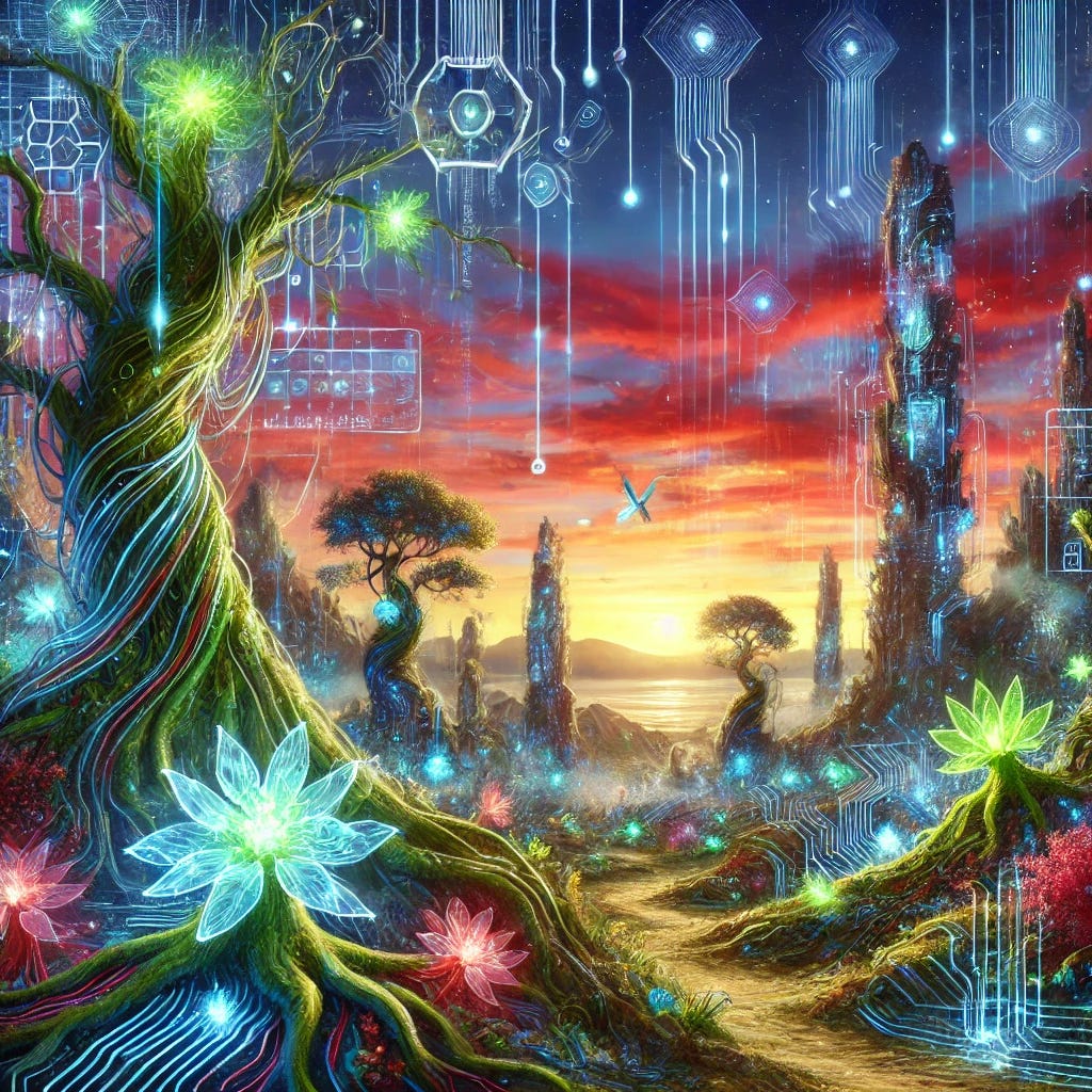 A biotech fantasy illustration depicting a vibrant, otherworldly landscape where organic life forms like trees, plants, and strange flora seamlessly merge with digital elements. The flora has veins of circuitry, and bioluminescent plants are intertwined with glowing wires. In the distance, towering structures resembling both futuristic buildings and natural rock formations rise, with digital interfaces and holograms blending into their surfaces. The sky above glows with vibrant colors, a mix of natural and artificial light, as if the entire ecosystem is powered by a fusion of organic and digital life forms.