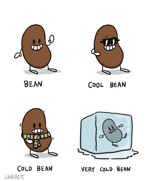 A brown bean waving and smiling is labelled "BEAN." A brown bean wearing sunglasses is labelled "COOL BEAN." A brown bean chattering and wearing a scarf is labelled "COLD BEAN." A bean frozen in a block of ice is labelled "VERY COLD BEAN."