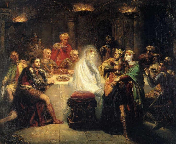 Painting of Macbeth sees the ghost of Banquo: The banquet scene in "Macbeth by Théodore Chassériau