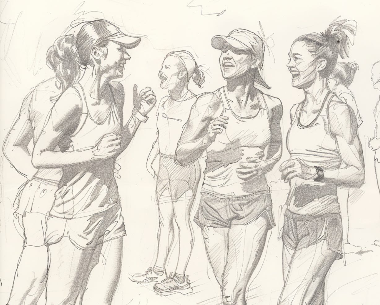 Pencil sketch image of a group of runners chatting together.