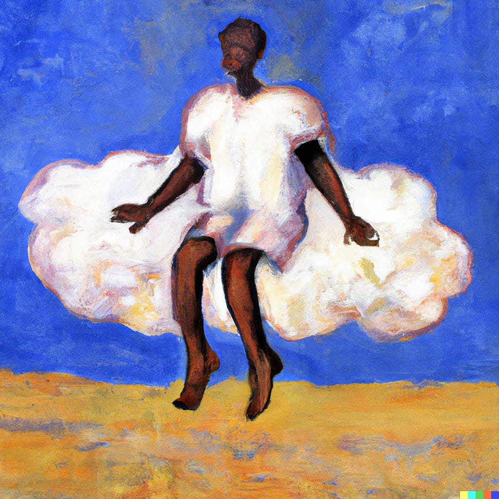 A black man sat on top of a single white cloud, against the backdrop of a blue sky