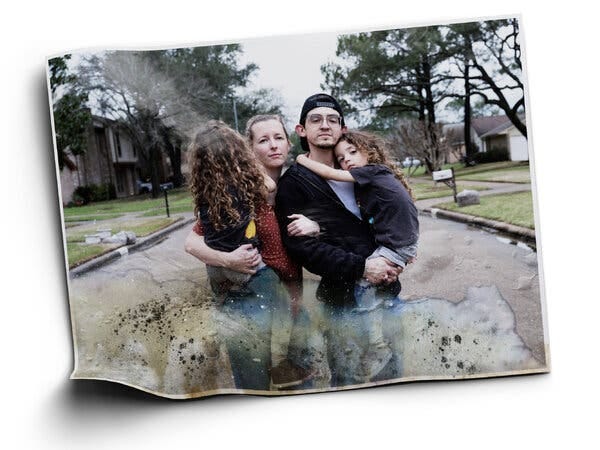 A photo illustration showing a water-damaged photograph of two adults holding two children.