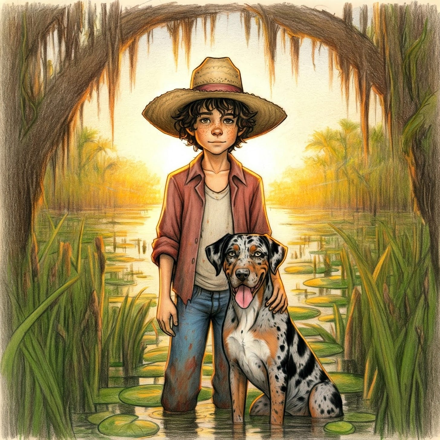 Image of a Cajun boy and his Catahoula Leopard dog in a wetland marsh in Louisiana