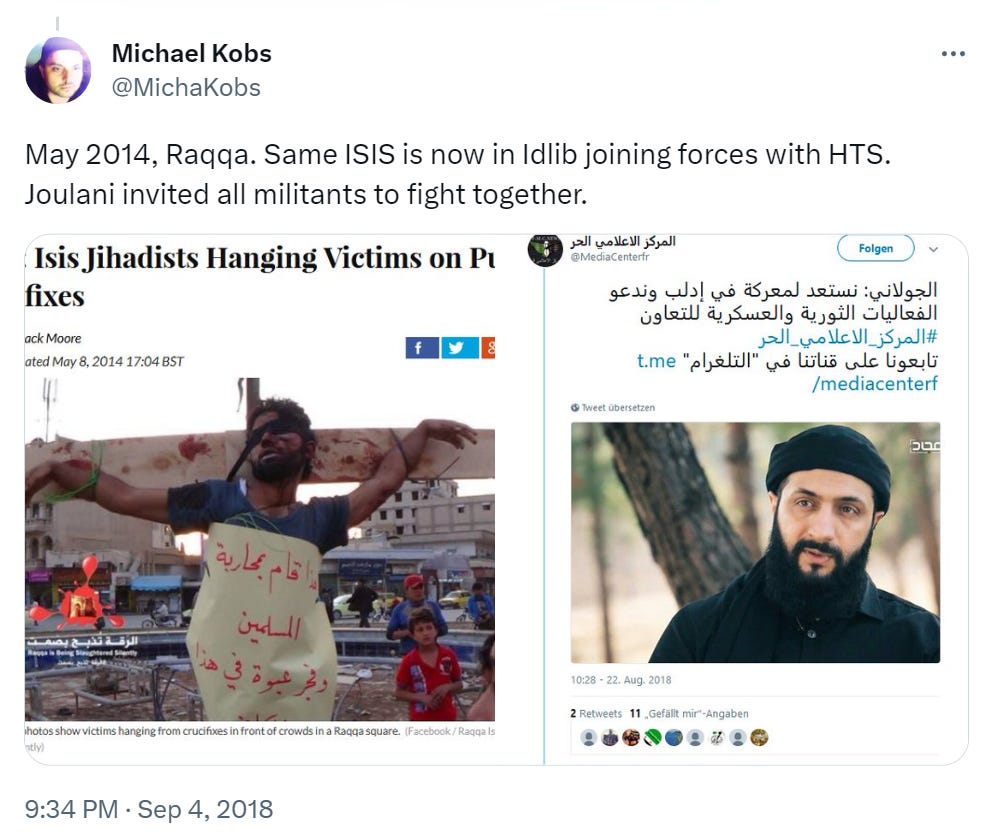 The image on the left is of an ISIS crucifixion in Raqqa 2014 - the same ISIS joined forces with HTS in Idlib. Photo: Vanessa Beeley. 