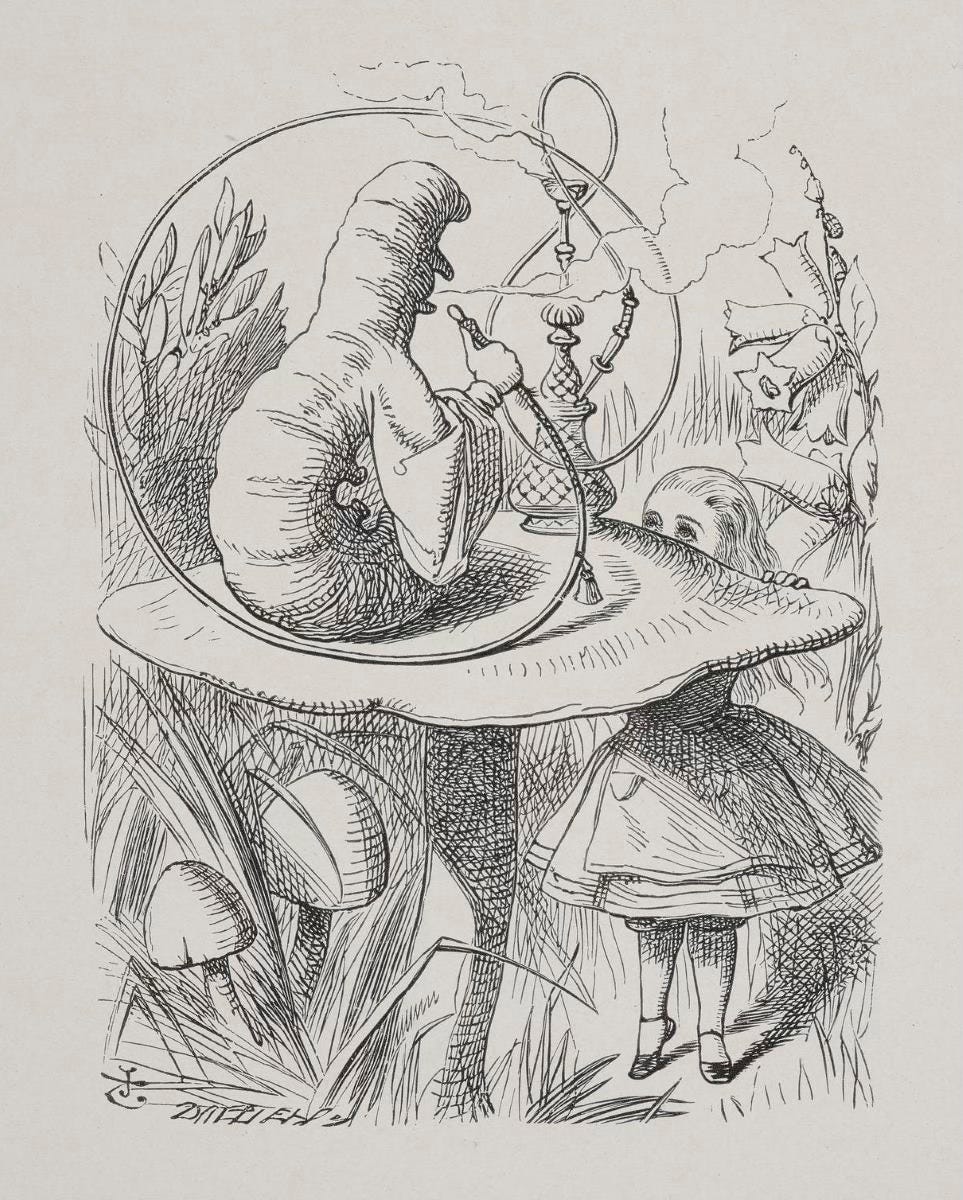 Tenniel black and white line drawing of Alice and the caterpillar