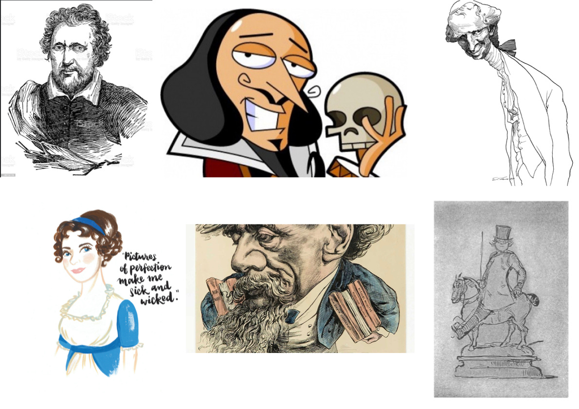 Frise de portraits d'auteurs britanniques célèbres: Ben Jonson, Shakespeare, Jane Austen, Antony Trollope, William Thackeray, Laurence Sterne