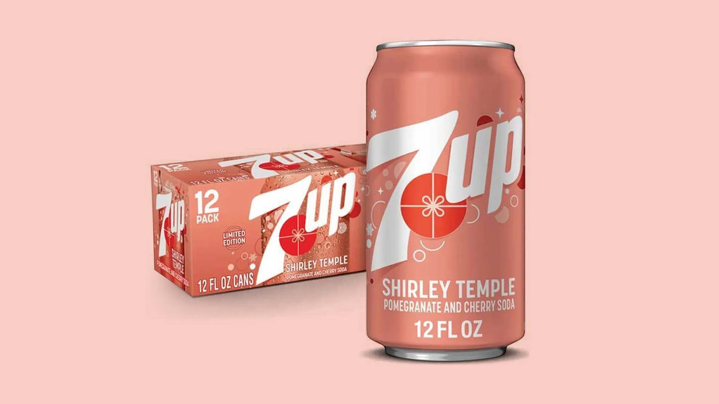 Advertising photo of Shirley Temple 7UP with 12 pack and enlarged can