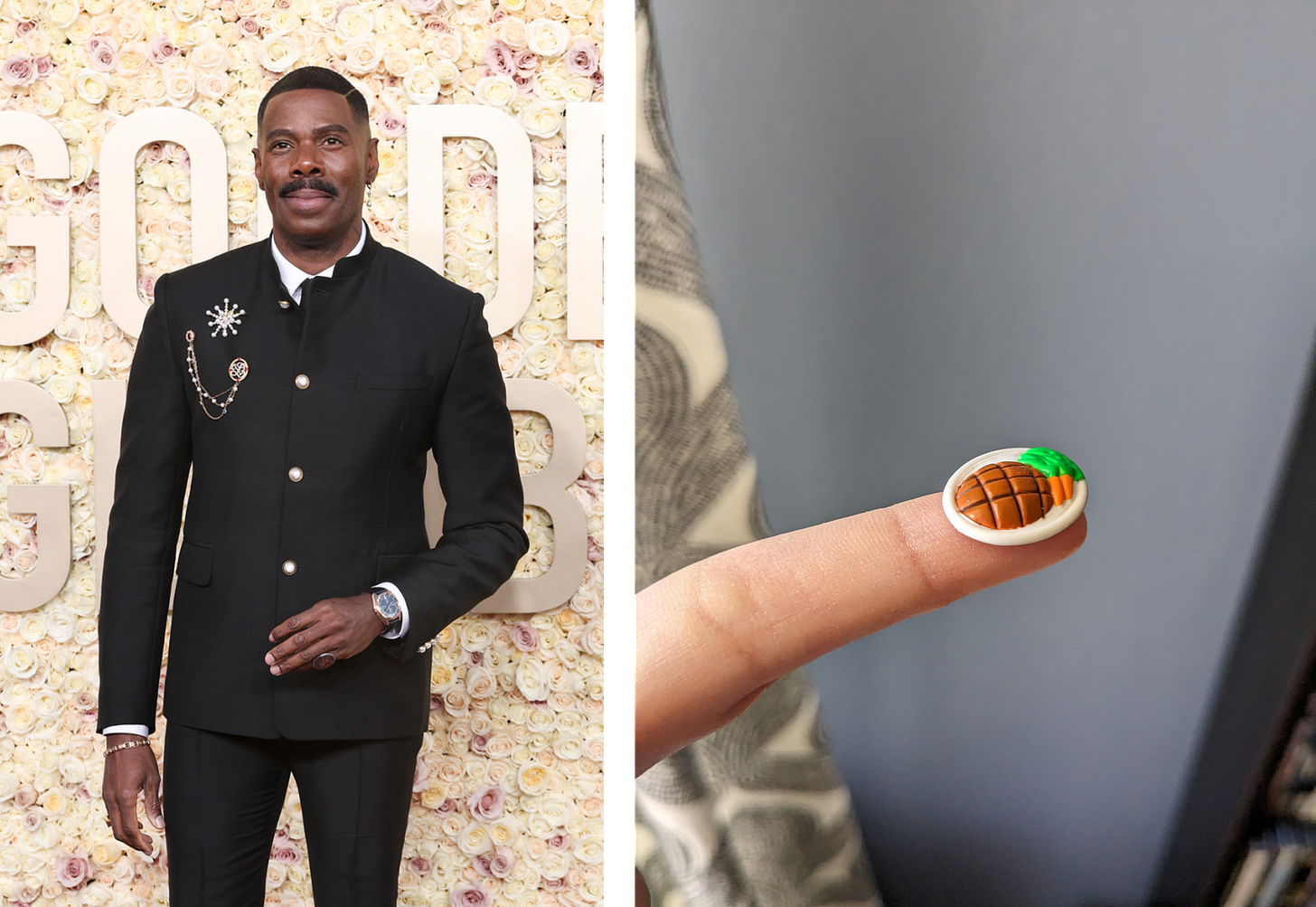 Left: Colman Domingo in a black lapel-less suit and a few distinctive brooches. Right: A plate of steak and carrots the size of a fingertip.