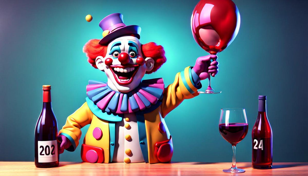 Laughing clown with wine glasses and bottles