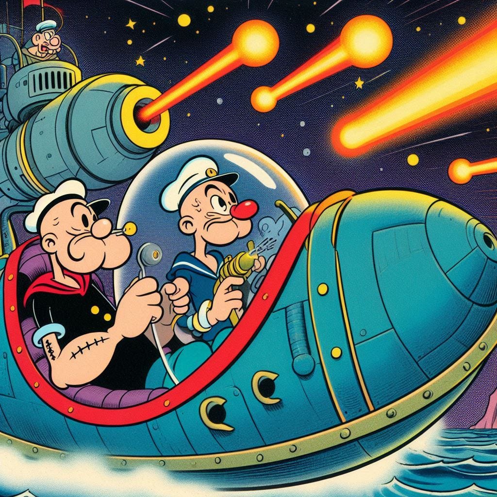 popeye in spaceship, other space ship with lasers, 1930s color cartoon