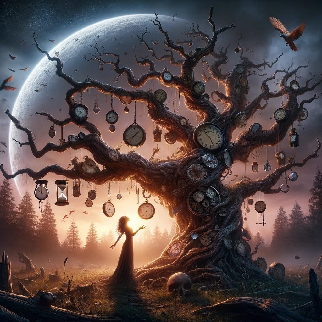 Imagine The Wounded Dreamer in a twilight-lit forest clearing, standing before an ancient, gnarled tree that towers into the sky, its branches sprawling like the hands of time itself. This majestic tree is adorned with clocks and hourglasses, some frozen, some running backwards, and others flowing normally, symbolizing the fluid and often incomprehensible nature of time. At the base of the tree, a small, delicate sapling grows, representing new life and the cycle of rebirth. The Wounded Dreamer reaches out to touch the ancient bark, a gesture of connection and acceptance of the inevitable flow of life and time. Around her, shadows and light play in a dance that blurs the line between the past, present, and future, reflecting her contemplation of mortality and the fleeting nature of existence. In the background, the setting sun meets the rising moon in a perfect eclipse, illustrating the balance between life and death, end and beginning. Her expression is one of serene acceptance, imbued with a deep sense of peace and a newfound understanding of her place within the eternal cycle.