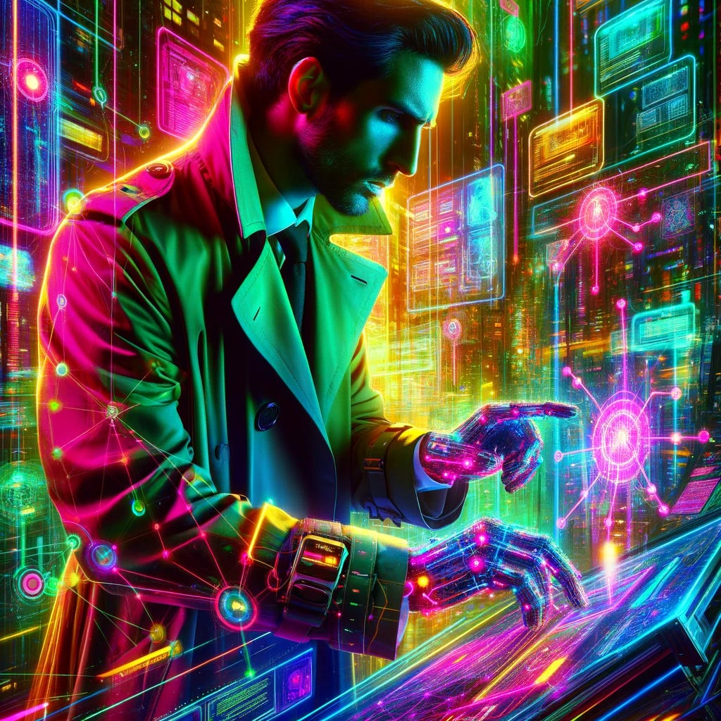 A cyberpunk detective structuring knowledge in more acidic tones: The image portrays a detective in a vibrant, cyberpunk environment, dressed in a futuristic trench coat. The scene is infused with high-contrast, acidic colors like bright greens, pinks, and yellows. Holographic displays of interconnected data and knowledge networks surround him, glowing in these vivid hues. The detective is deeply engrossed in analyzing and organizing the information, with the neon lights casting intense, colorful glows on his focused face. The background is a neon-lit cityscape, enhanced with digital screens and advanced technology, all bathed in the same acidic color palette, giving the image an energetic and surreal cyberpunk feel.