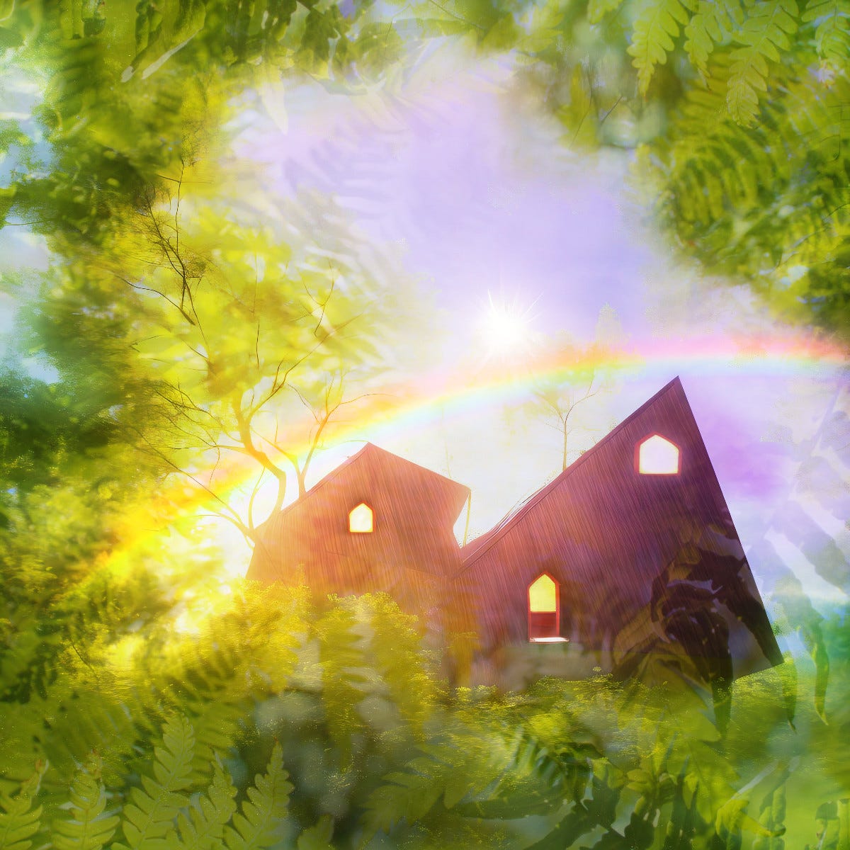 digital collage showing a tree house at the crown of a tree, with sunlight streaming through the house and through the yellow-green leaves