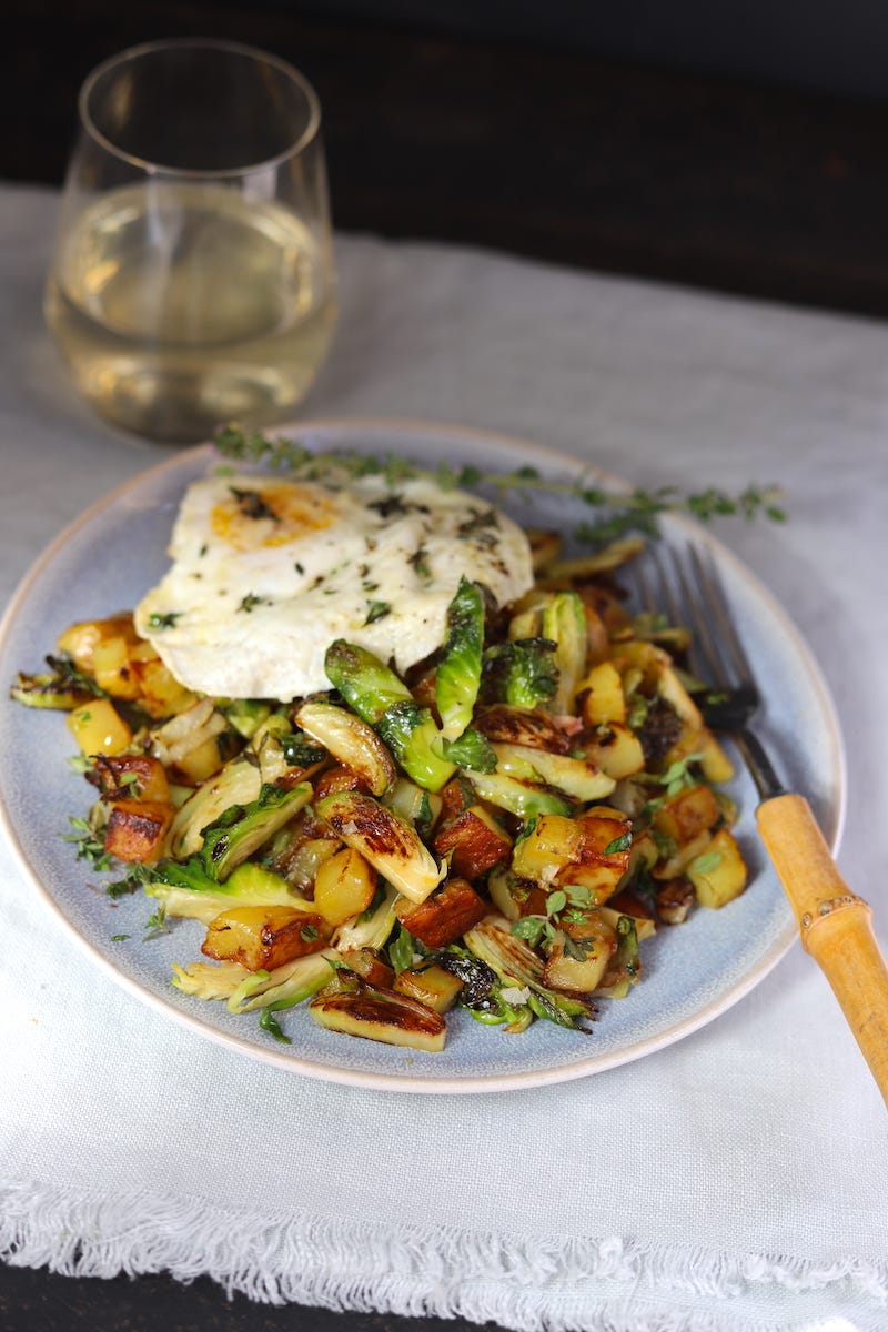 Brussels Sprouts and Yukon Gold Potato Hash with Parmesan Fried Egg, Cook the Vineyard