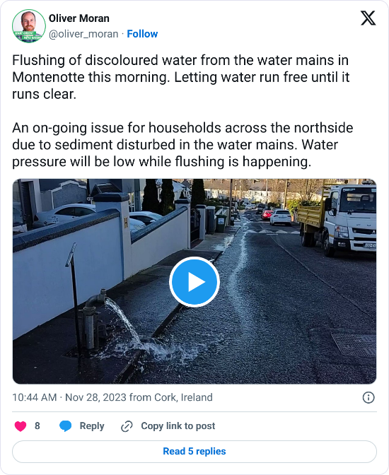 Tweet with text: "Flushing of discoloured water from the water mains in Montenotte this morning. Letting water run free until it runs clear. An on-going issue for households across the northside due to sediment disturbed in the water mains. Water pressure will be low while flushing is happening."